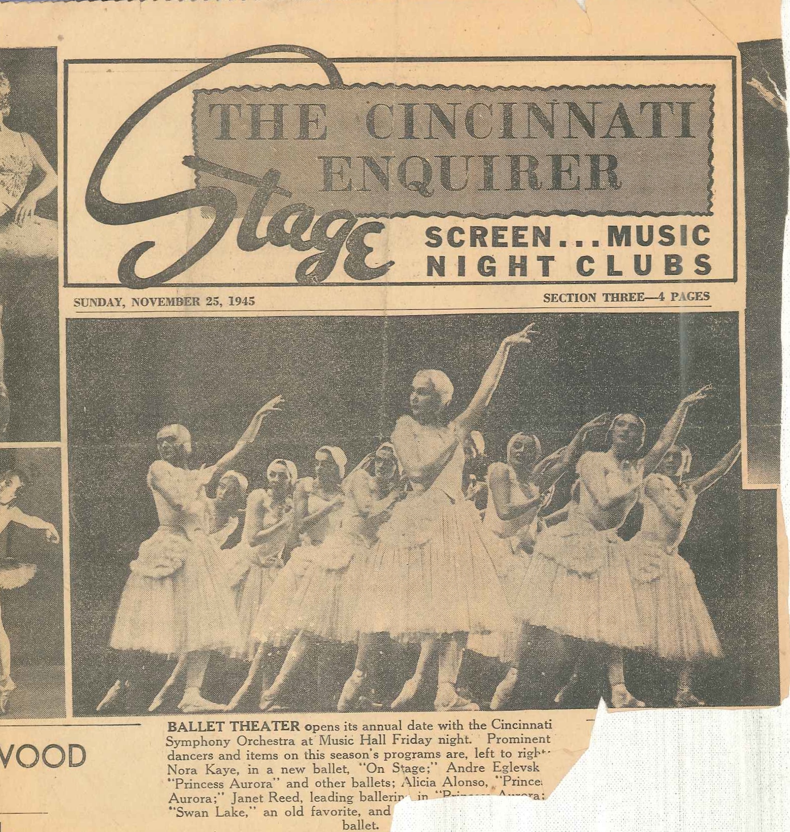 0008NC_Clipping from front page of the stage section of Cincinnati Enquirerer, 11_25_45 Clippings