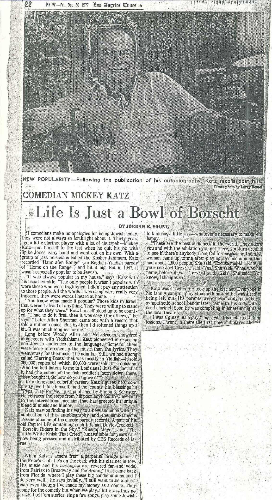 0021NC_Profile of M.Katz_Life is Just a Bowl of Borscht by Jordan Young, 12_30_77 in LA Times. Maybe related to NC21 and NC17_Clippings