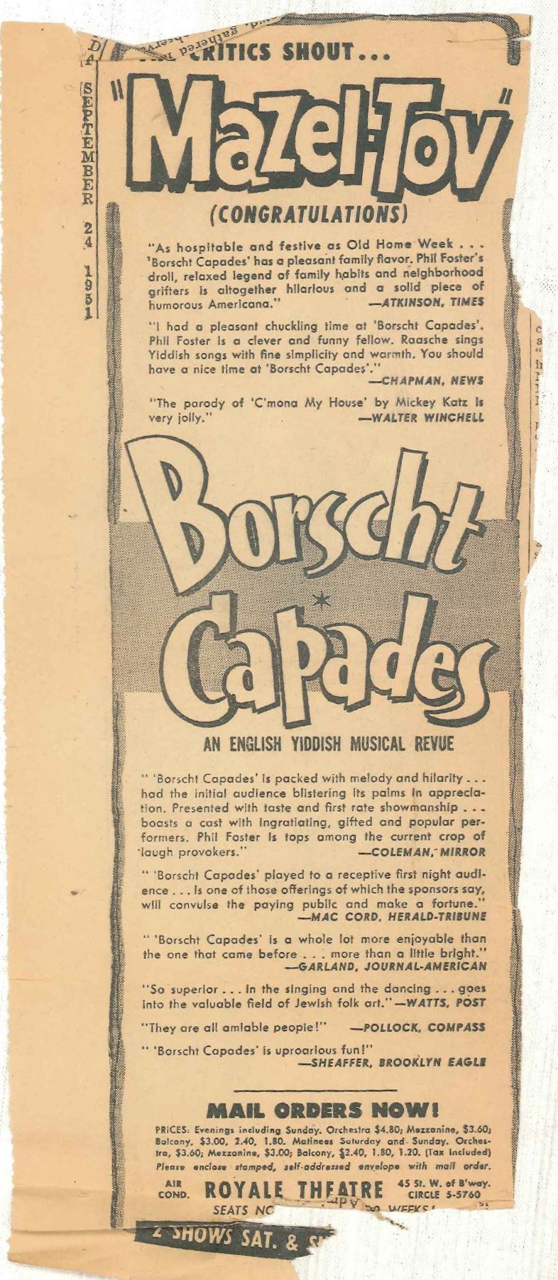 0026NC_Newspaper ad for the Borscht Capades at the Royale Theatre_Clippings